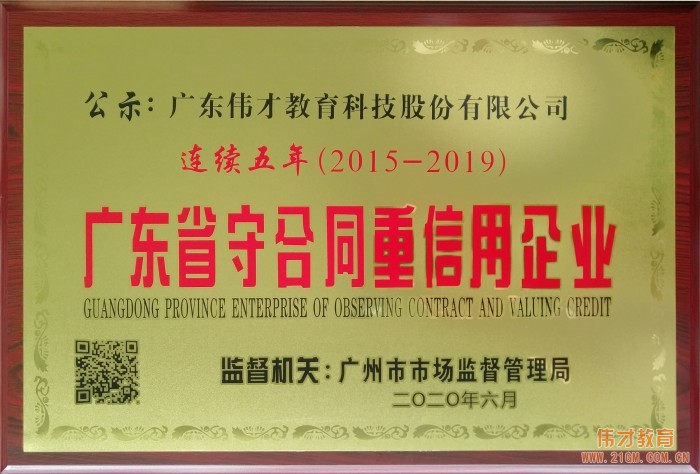 伟才教育连续五年荣获“广东省守合同重信用企业”荣誉称号！